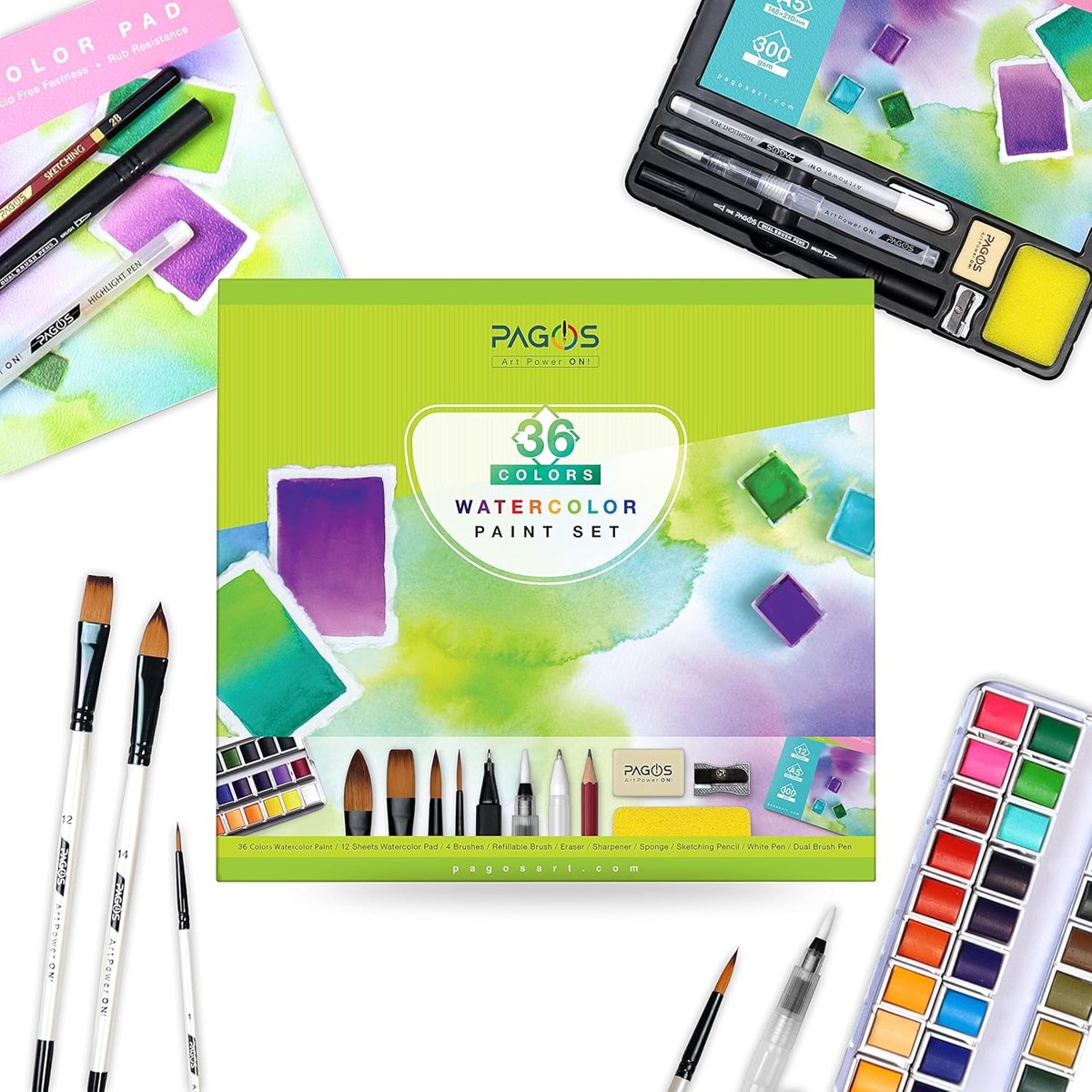 PAGOS Sulu boya seti, profesyonel 36 sabit pigment boyama kutusu, yüksek pigmentasyon, sanatçılar, öğrenciler, yetişkinler için 12 sulu boya kağıdı