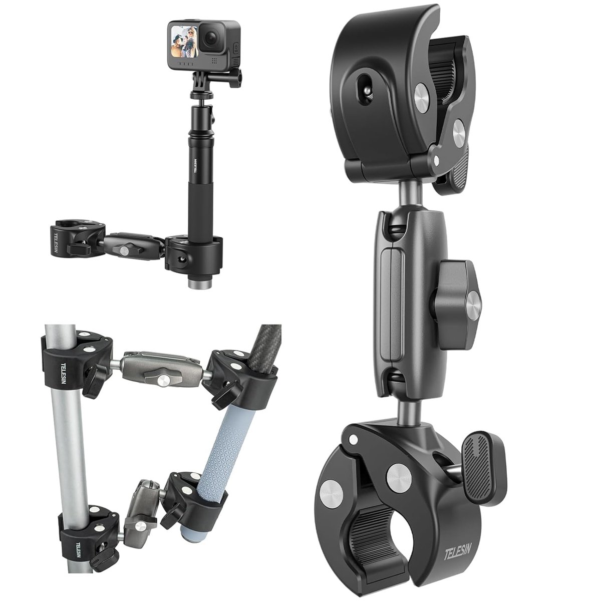 TELESIN Duall Top Kelepçe Montaj Çubuk Direği Bisiklet Bisiklet Motosiklet Gidon Tüp Tutucu Aksesuarları GoPro Hero 13 12 11 10 9 8, DJI Osmo Action 5 Pro 4 3 Insta360 X3 X4 Go3 Ace Pro ile Uyumlu