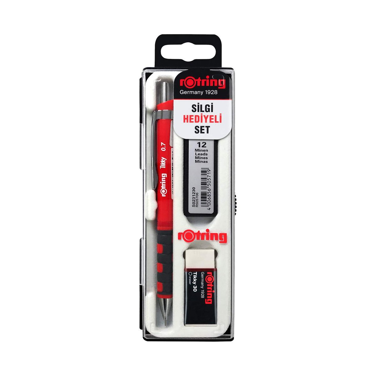 rOtring Tikky Mekanik Kurşun Kalem, Uç ve Silgi Seti, 0,7 mm Kalem, 2B Uç, Orta Boy Silgi, Kırmızı, 3'lü Set