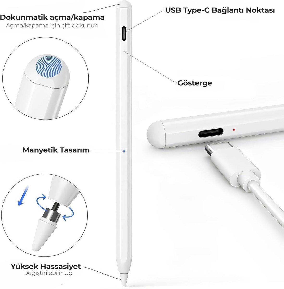 Tablet Kalemi iPad Uyumlu – Stylus Kalem, Avuç İçi Reddetme & Eğim Özelliği, Hassas Yazım, 2 Yedek Uç Dahil, iPad Pro/iPad Mini/iPad Air
