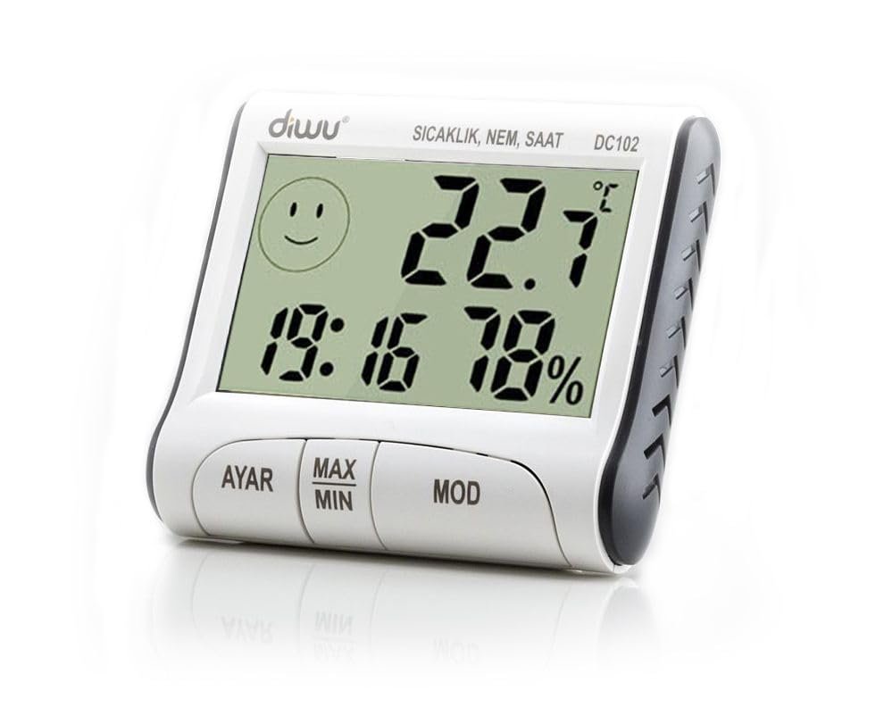 Diwu DC102 İç Mekan Termometre Nem Ölçer Saat