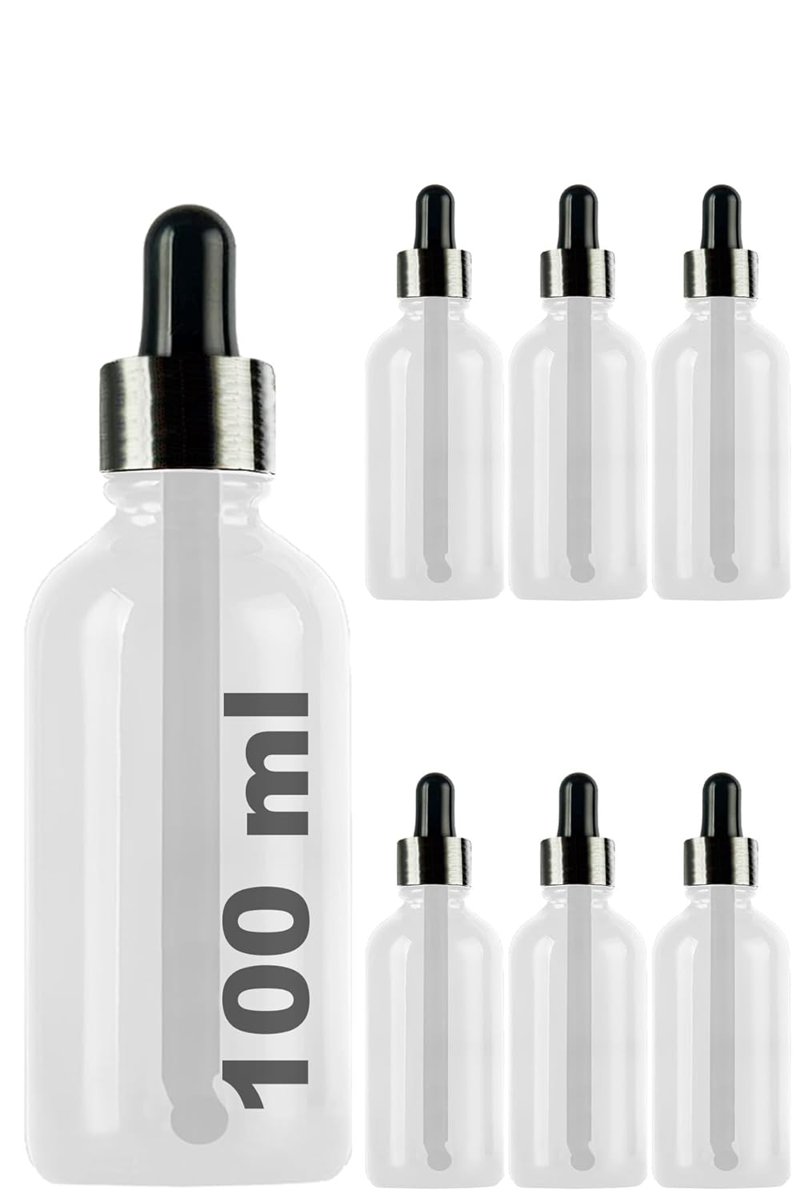 Afracam 100 ml Metal Kapaklı Damlalık Dropper Şişesi Serum 100 cc Cam Şişe 6 Adet (Siyah Kapak, Şeffaf)