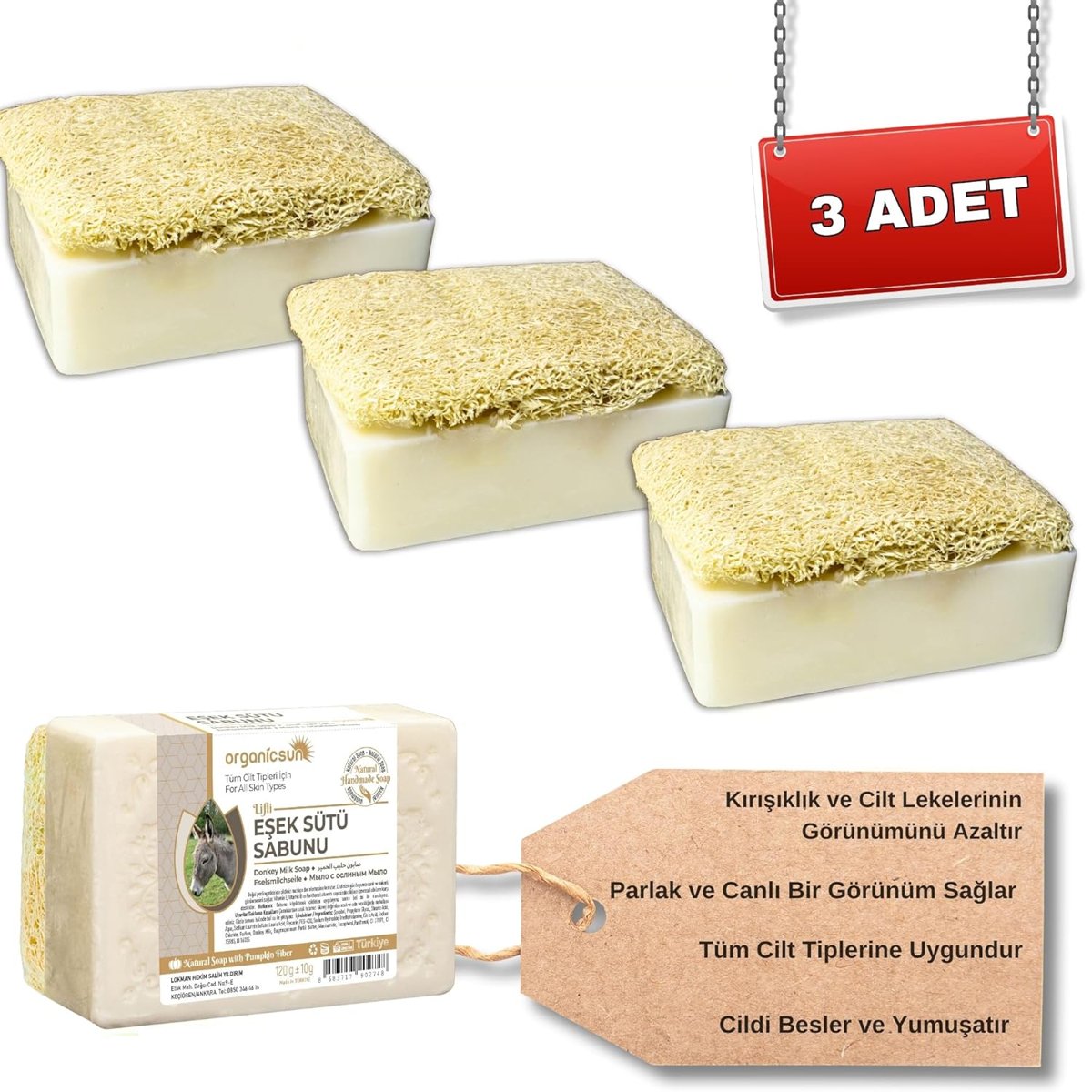 Organicsun Doğal Kabak Lifli Eşek Sütü Sabunu 120 Gr x 3 Adet Tüm Cilt Tipleri İçin Kırışıklık ve Yaşlanma Karşıtı B ve E Vitaminli