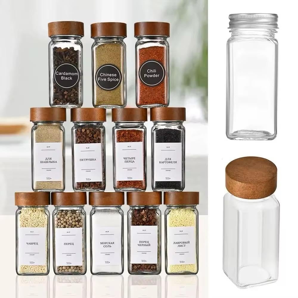 Orret Home 12'li Bambu ve Akasya Kapaklı Cam Baharatlık Seti 120 ml - Doğal Ahşap Kapaklı, Şeffaf Cam, Sağlıklı ve Şık Baharat Kavanozları (Akasya Kapak)