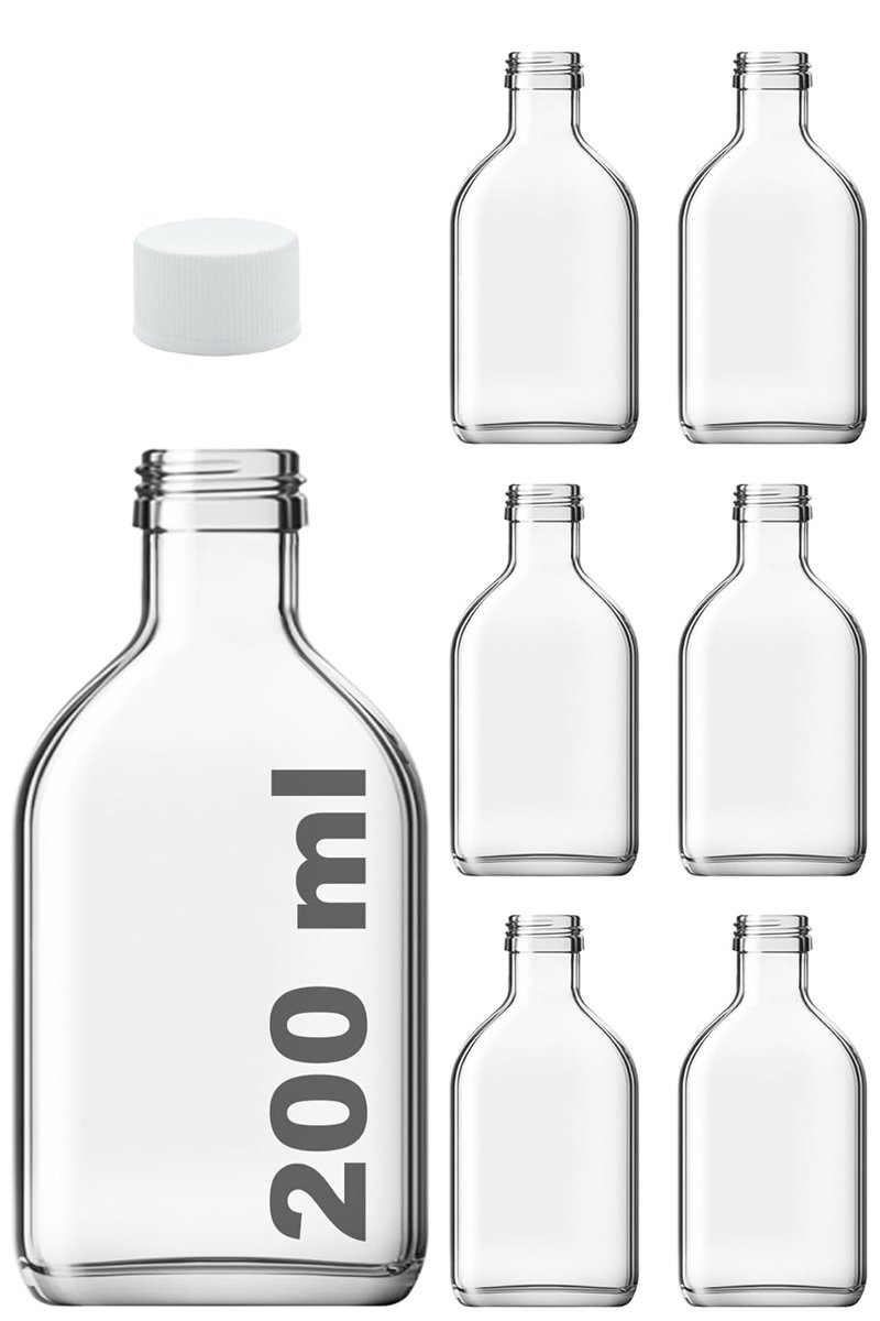 Afracam 200 ml Yassı Şeffaf Cold Brew Şişesi Kapaklı 200 cc Soğuk Kahve Cam Şişe 6 Adet (6, Beyaz (Plastik))