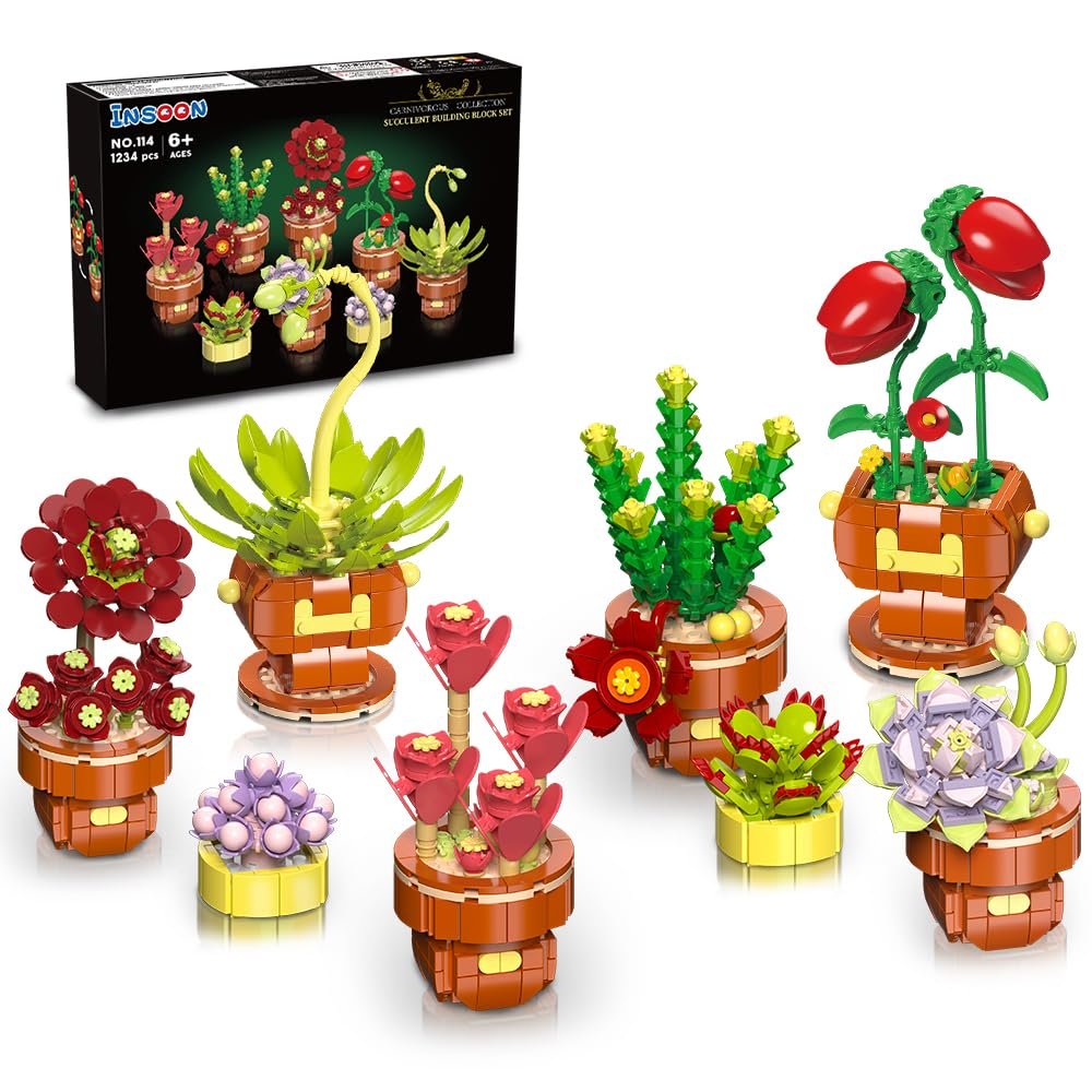 INSOON Etli Çiçekler Bonsai Yapı Setleri, 8 Paket Botanik Koleksiyonu Yapı Taşı Kiti Ev Dekorasyonu