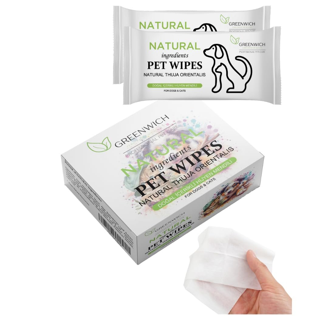 Greenwich Doğal İçerikli Kedi ve Köpek Temizleme Mendilleri, Thuja Orientalis, 13x13x6,5 cm, 50'li Paket
