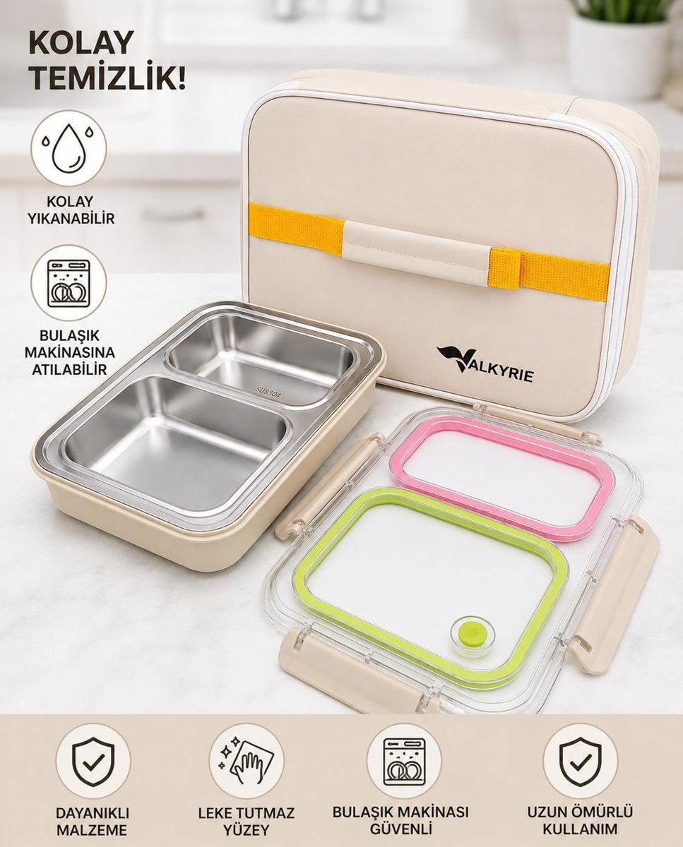 Valkyrie 2 Bölmeli 304 Paslanmaz Çelik Lunch Box | Sızdırmaz Renkli Yemek Taşıma Kabı + Termal Çanta