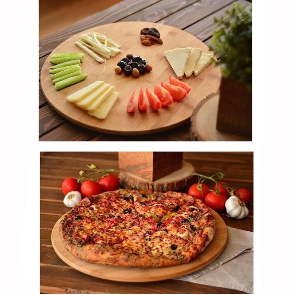 Deconox 36cm Dönerli Bambu Yuvarlak Pizza ve Sunum Tepsisi, 360 Derece Dönebilen Kahvaltı Sunum, Piz