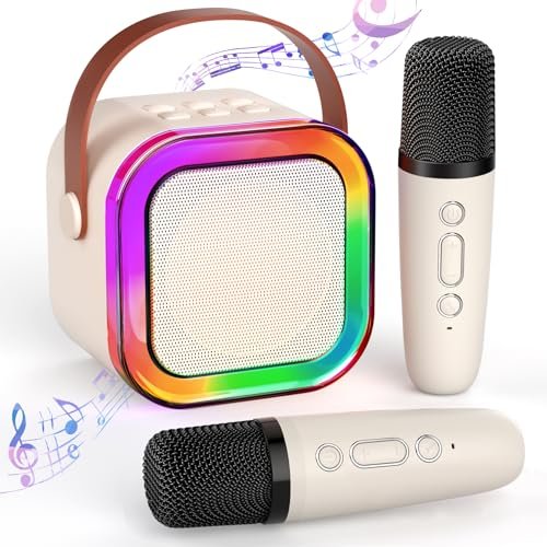 TAEMVV Çocuklar Yetişkinler için Mini Karaoke Makinesi, 2 Kablosuz Mikrofon ve LED Renkli Işıklarla