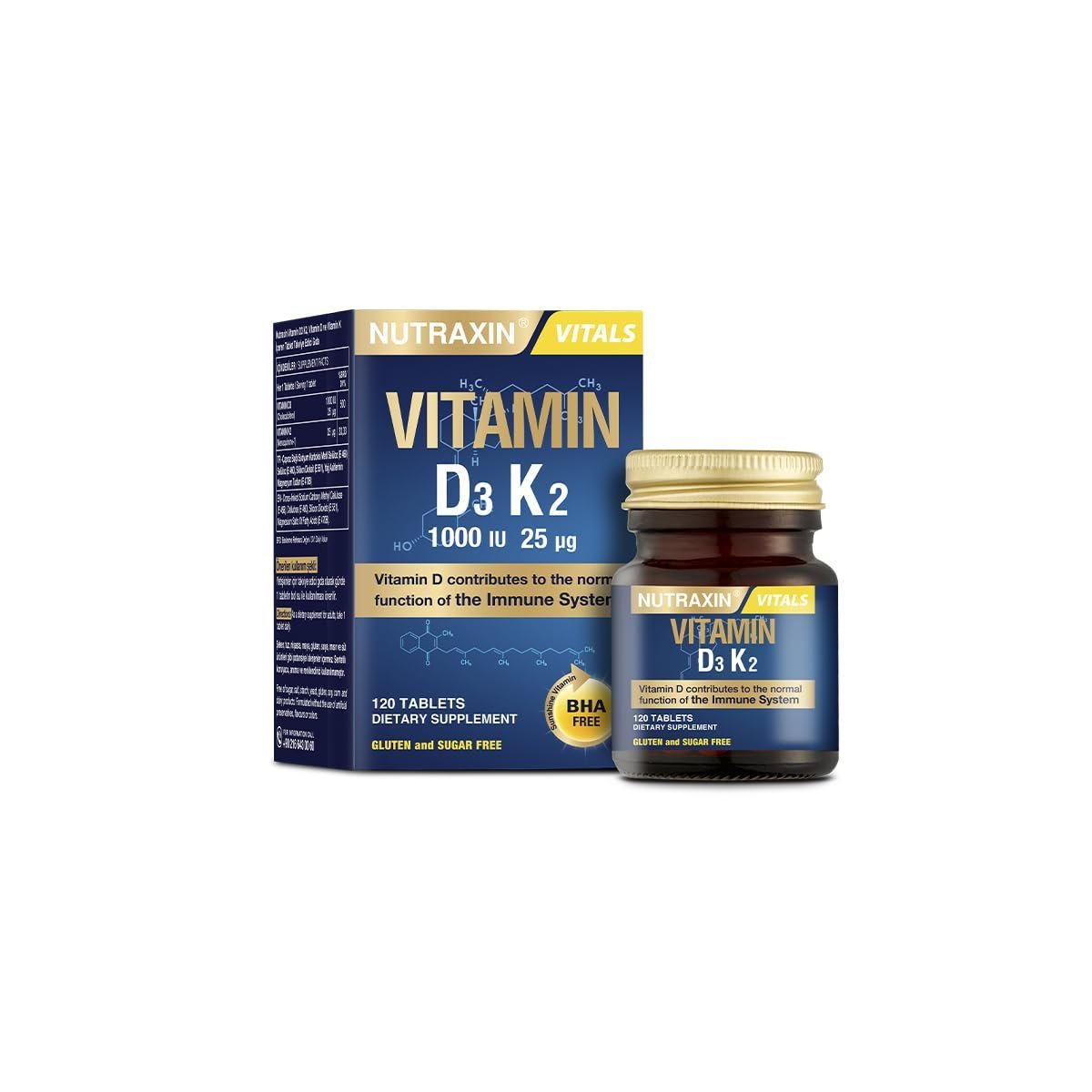 Nutraxin D3K2 120 Tablet - 1000 Iu D3 Vitamini, 25 Mcg K2 Vitamini