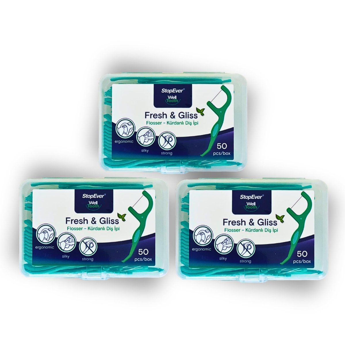 StopEver Fresh  Gliss Kürdanlı Diş İpi 3'lü Paket (150 Adet) | Nane Aromalı | Diş Arası Temizliği, Ağız Hijyeni ve Günlük Kullanım için İdeal | Plastik Kutulu ve Taşıma Kılıflı Hediyeli