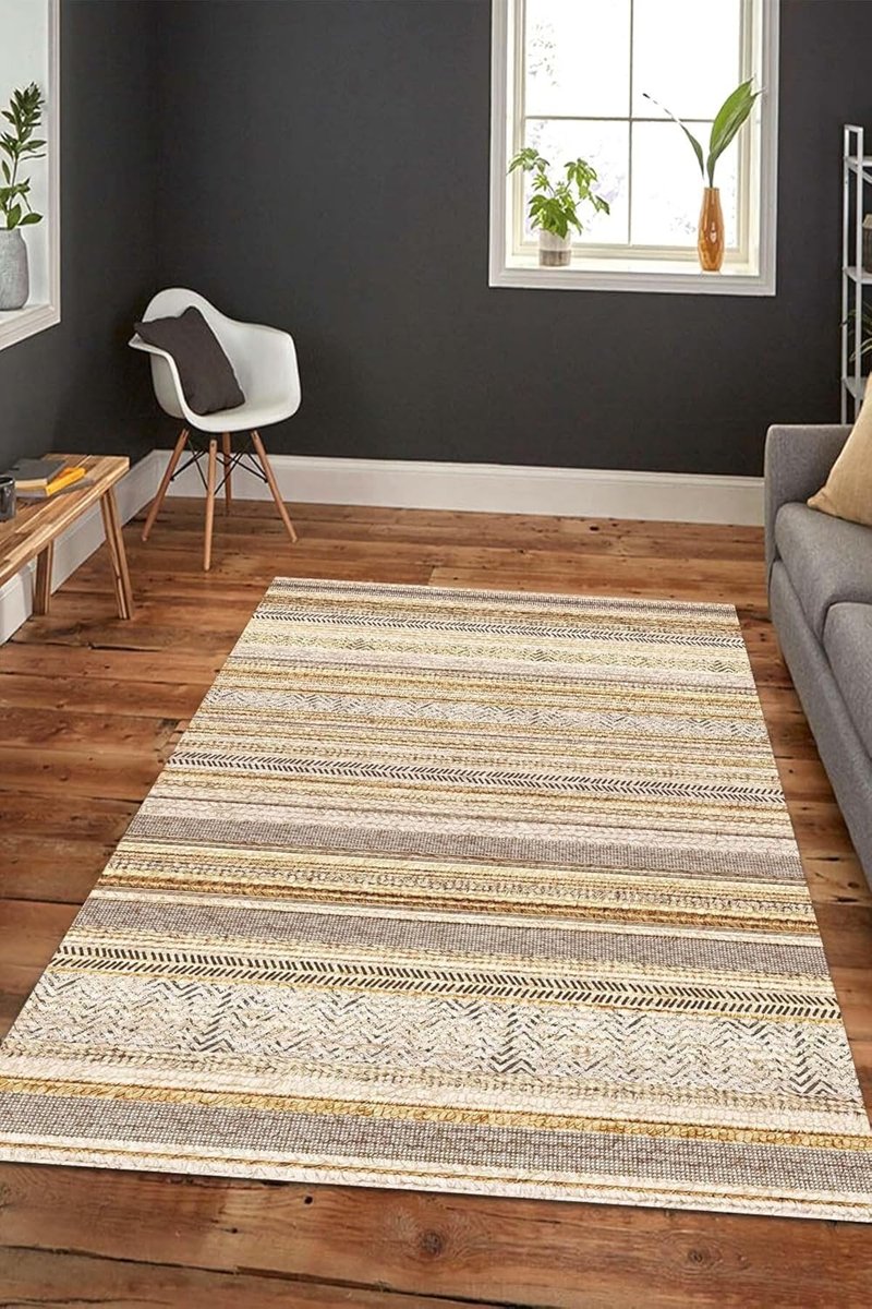 Depoba Alexis Kadife Kilim Desen Kaymaz Pamuk Tabanlı Yıkanabilir Antibakteriyel Salon Halısı 120x18