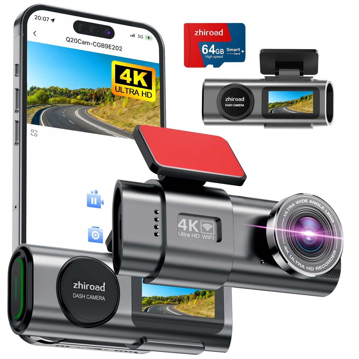 4K WiFi ön araç içi kamera, uygulama kontrolü, 64 G SD kart ve çıkarılabilir tutuculu, 1,47 inç IPS