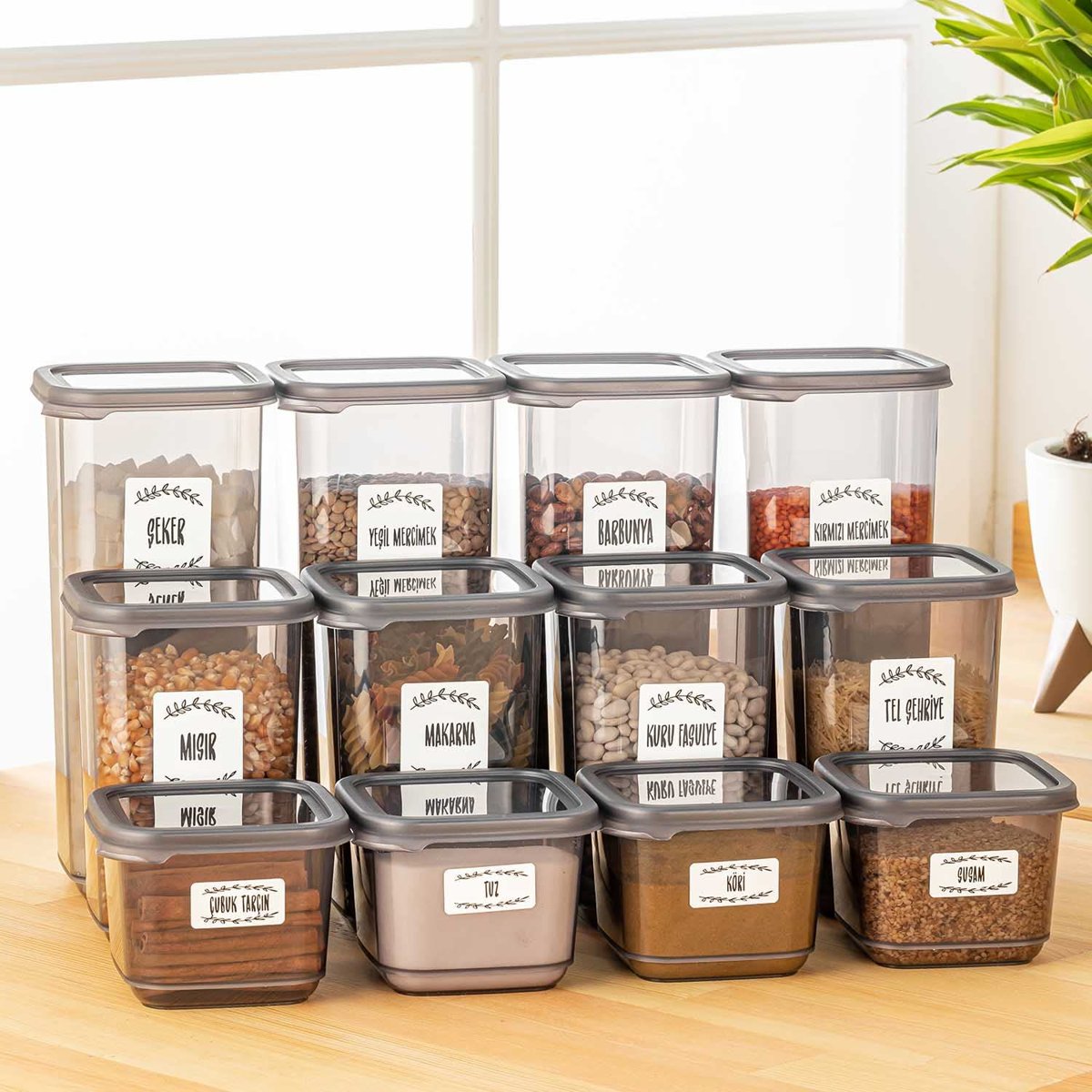 Meleni Home, 12'li Süper Set Etiketli Kapaklı Kare Erzak Saklama Kabı Antrasit 4x(0,50 Lt-1,10 Lt -1