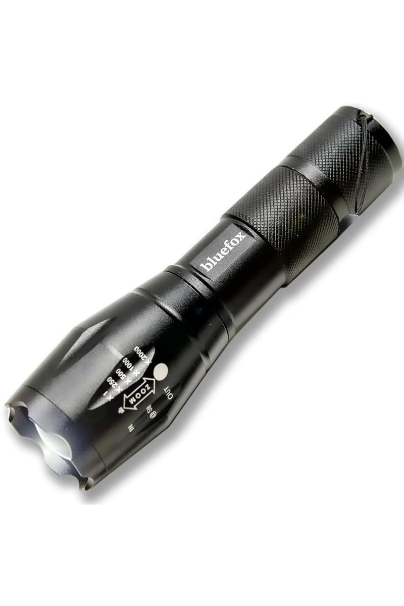 Bluefox Güçlü LED El Feneri, 10W Ultra Parlak Işık, 5 Farklı Mod, Zoom Özellikli, Dayanıklı Aluminyum Gövde