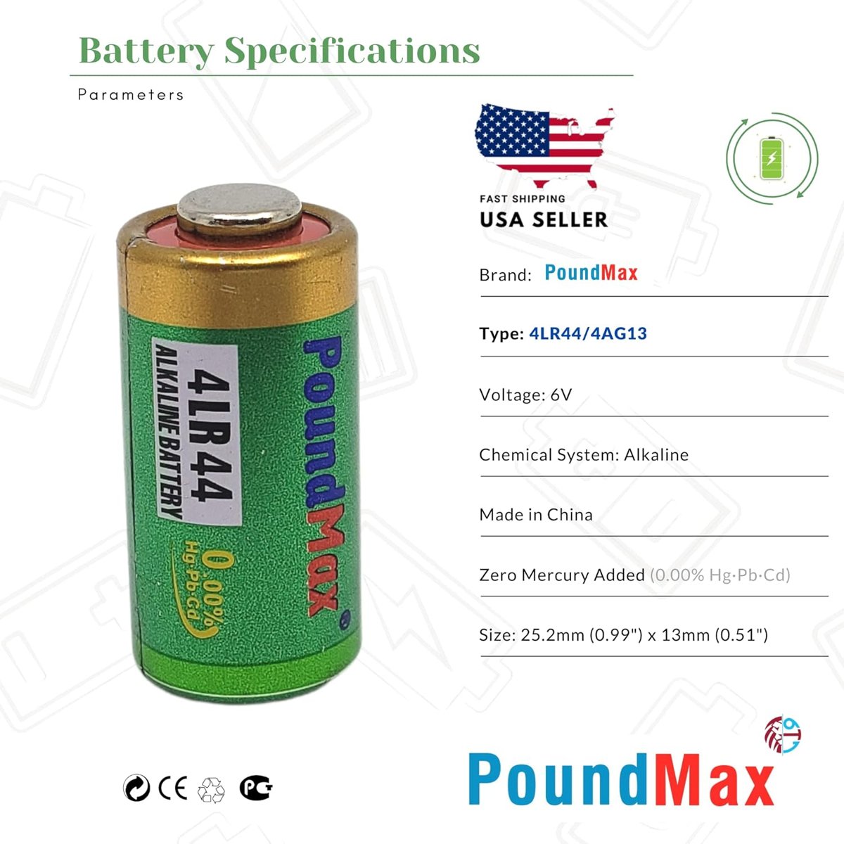 PoundMax Alkalin 5X 4LR44 (4AG13, L1325), 6V | 1x 5'li paket