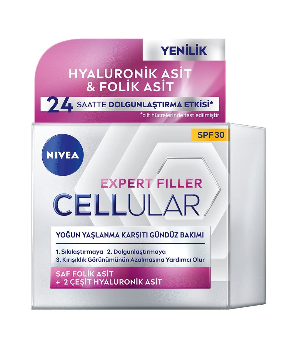 NIVEA Cellular Expert Filler Yoğun Yaşlanma Karşıtı Gündüz Bakım Yüz Kremi 50 ml, Hyaluronik Asit ve Folik Asit, SPF30 Güneş Koruması