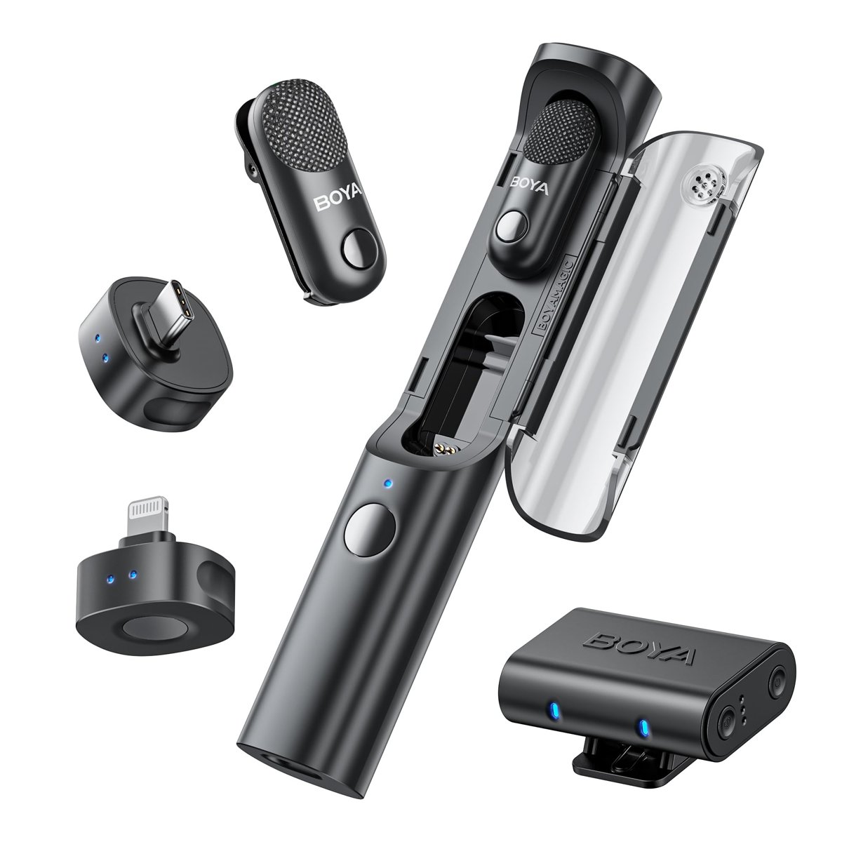 BOYA Magic Al-Powered Transformable Mini Wireless Mikrofon - SKU02 - iPhone/Android/PC/Kamera için - 4 Form-in-1 Mikrofon, 7g Hafif, AI Gürültü Azaltma, 48kHz/24bit, APP Kontrolü, 328ft Aralık,