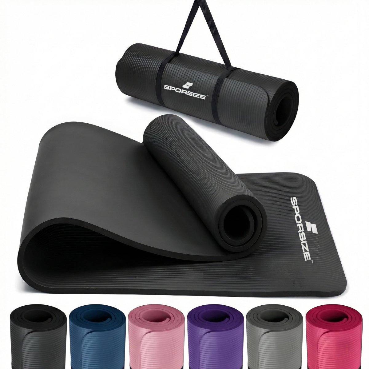 Sporsize Pilates  Yoga Matı 10 mm Kalınlık – Kaymaz NBR Köpük, Ekstra Konforlu Minder, Taşıma Askısı Dahil – 183×61 cm Siyah
