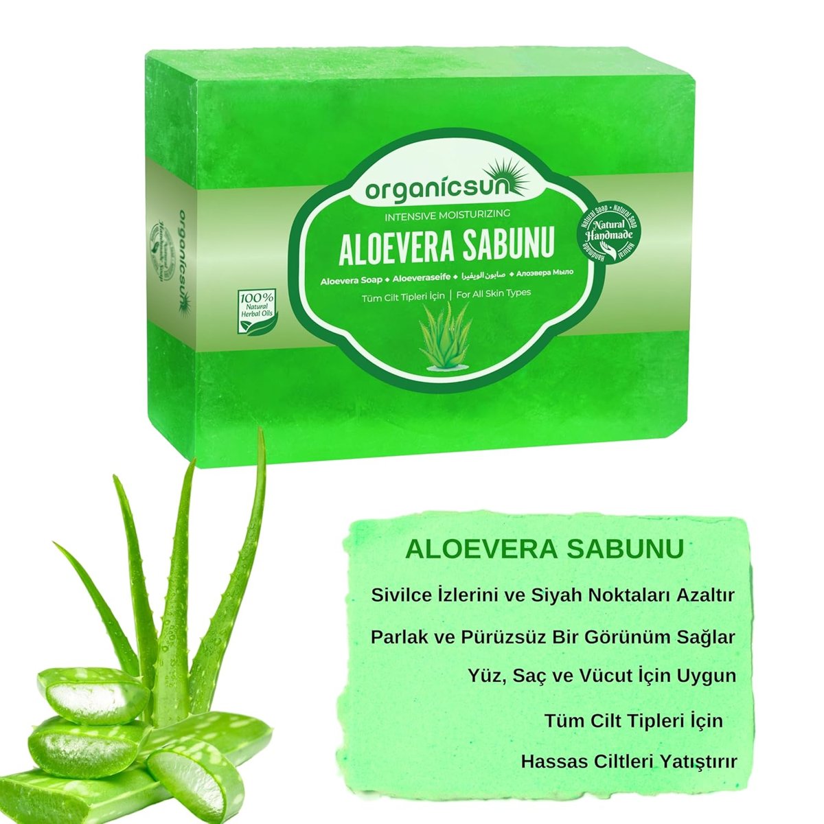 Organicsun Doğal Aloe Vera Sabunu 140 Gr 1 Adet Tüm Cilt Tipleri İçin Yatıştırıcı ve Canlandırıcı Et