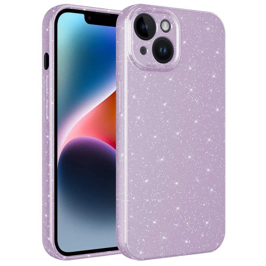 Coverzone Apple iPhone 14 ile uyumlu Z-Jelly Kılıf Kamera Korumalı Simli Işılıtılı Renkli Parlak Silikon Kapak-Lila