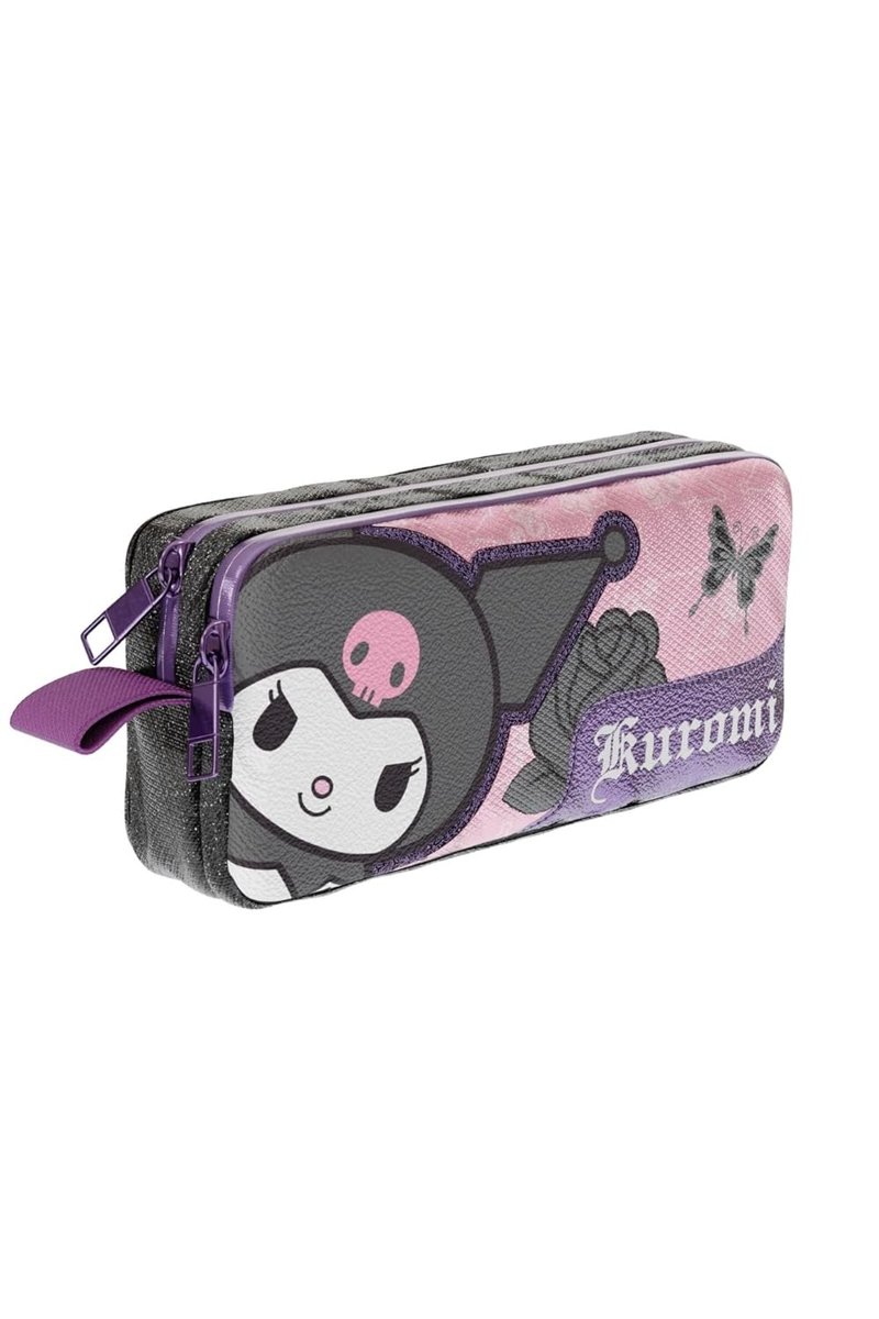 Wiggle Kuromi Temalı Lisanslı Mat Okul Kalem Kutusu Çift Bölmeli Çocuk Bez Kalem Çantası (Siyah-Pemb
