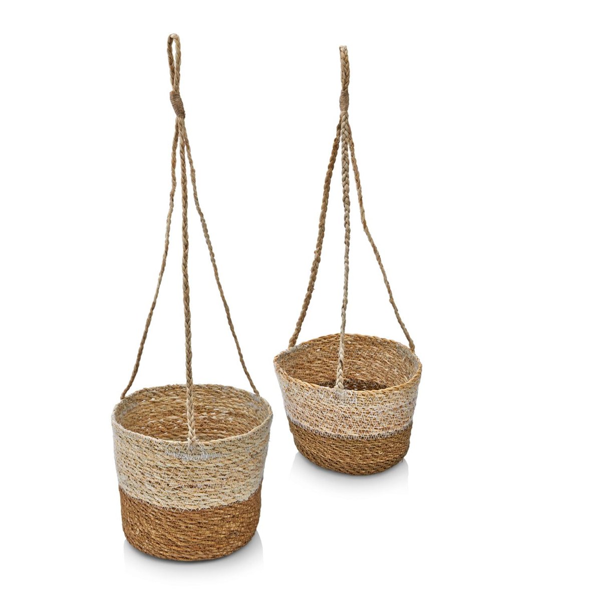 Deconox 2'li Asılabilir El Yapımı ve Doğal Çift Renk Yuvarlak Hasır Saksılık Seti, 2'li İpli Asılabilir Hasır Yuvarlak Saksı Seti (23cm*18cm-20cm*15cm)