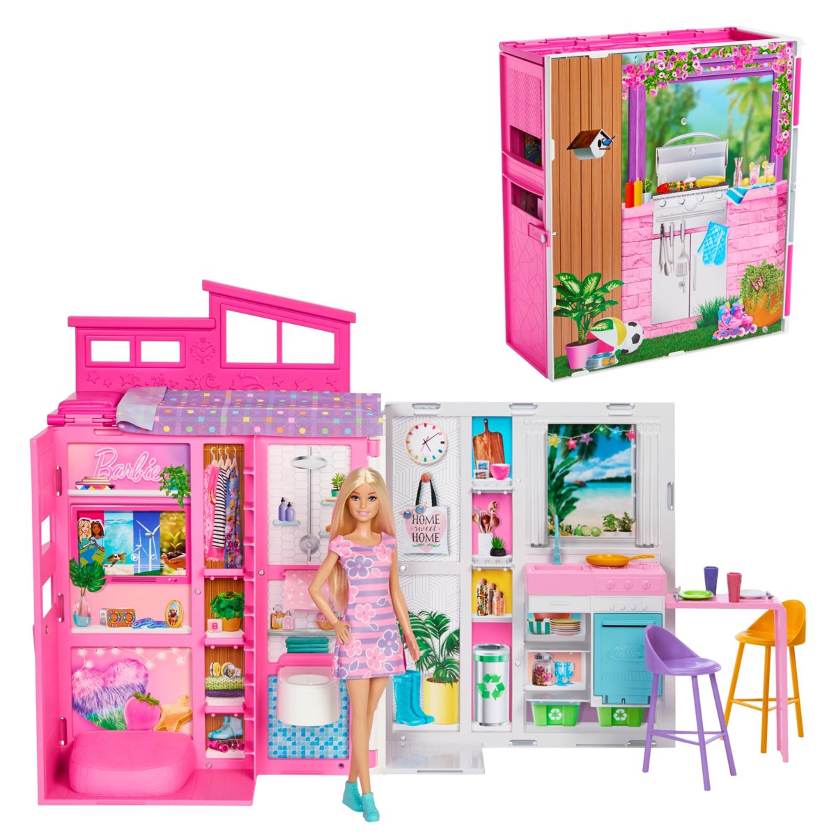 Barbie bebek ve evi oyun seti; mutfak, banyo, çatı katı yatak odası ve salon dahil 4 oyun alanı bulu
