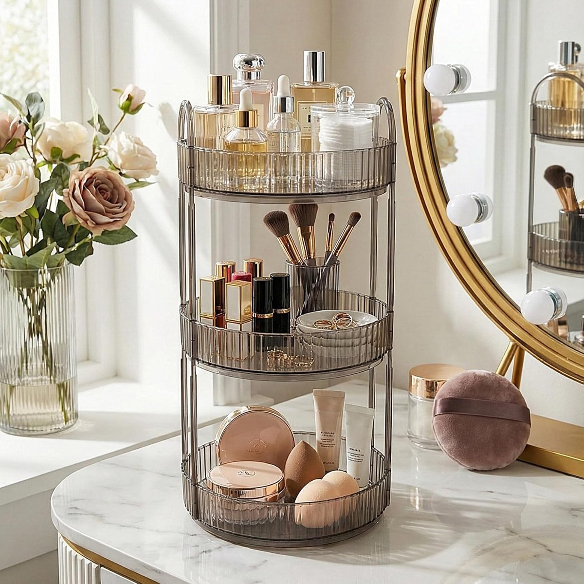 3 Katlı Makyaj Organizeri Kozmetik Aksesuar Düzenleyici Kozmetik Vitrini Yuvarlak (Duman Gri)