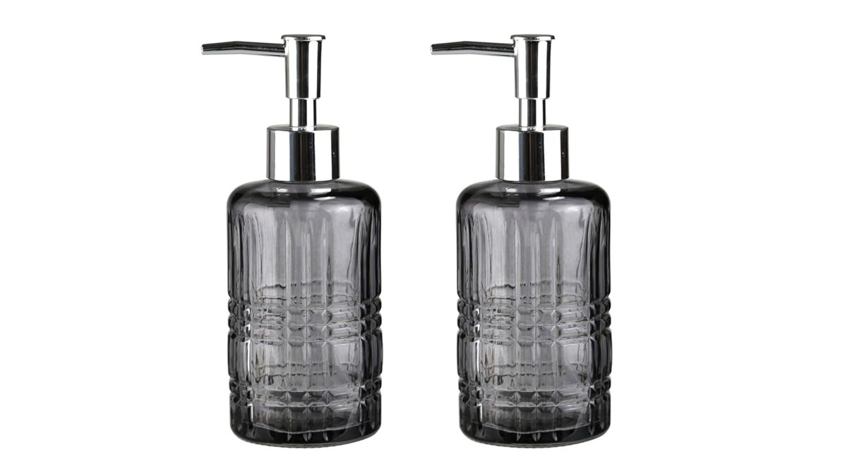 BANYO SETİ CAM SIVI SABUNLUK 2 ADET,KRİSTAL DESENLİ GRİ 300ML 6,8X17,6CM