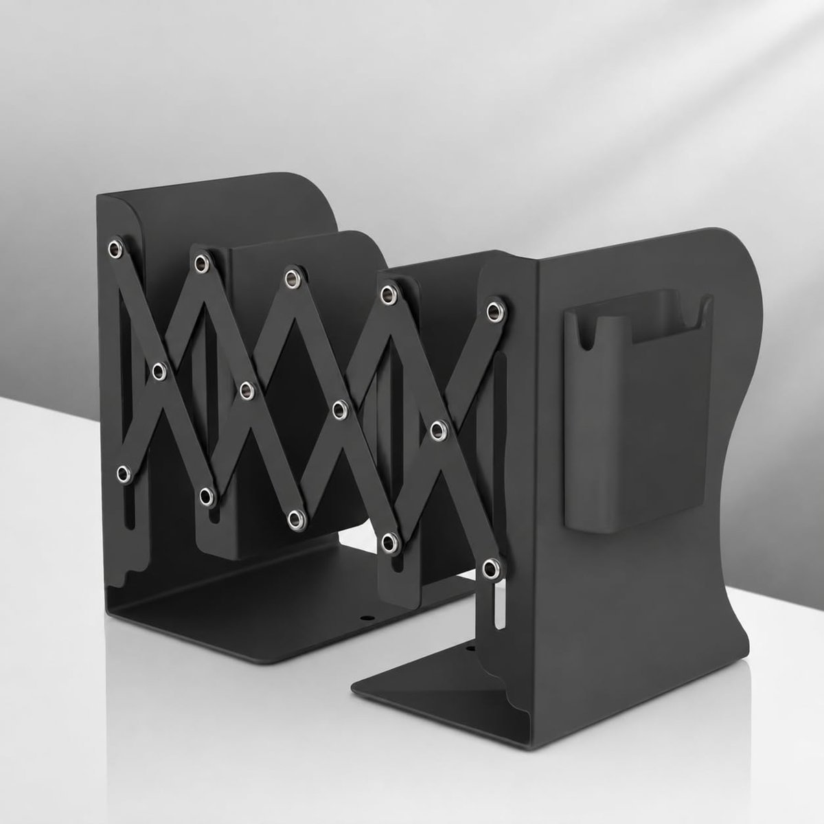 Ayarlanabilir Teleskopik Metal Kitap Tutucu, Masaüstü Kitap Desteği ve Raf Düzenleyici Stand, 9-42 cm Genişleyebilir, Mıknatıslı Kalemlik Hediyeli (Siyah)