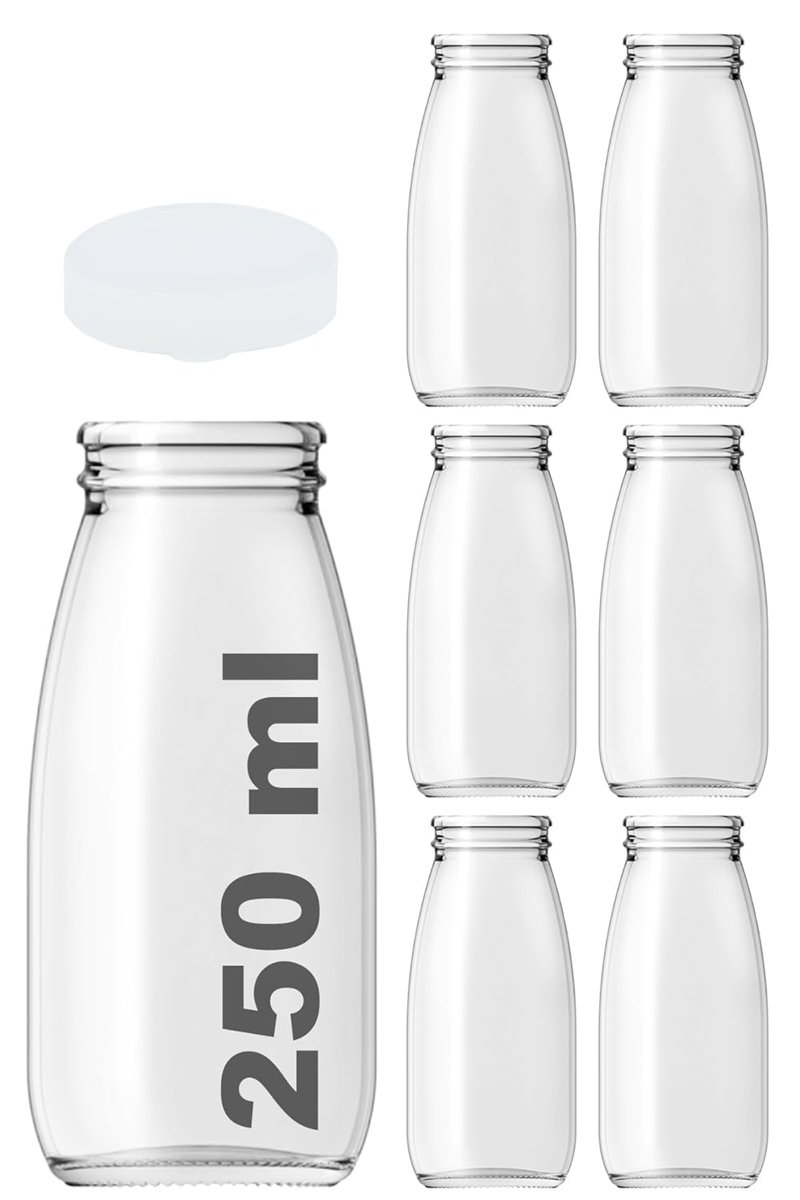Afracam 250 ml Şeffaf Süt, Ayran, Limonata, Meşrubat Şişesi 250 Cc Plastik Kapaklı Boş Cam Şişe 6 Ad
