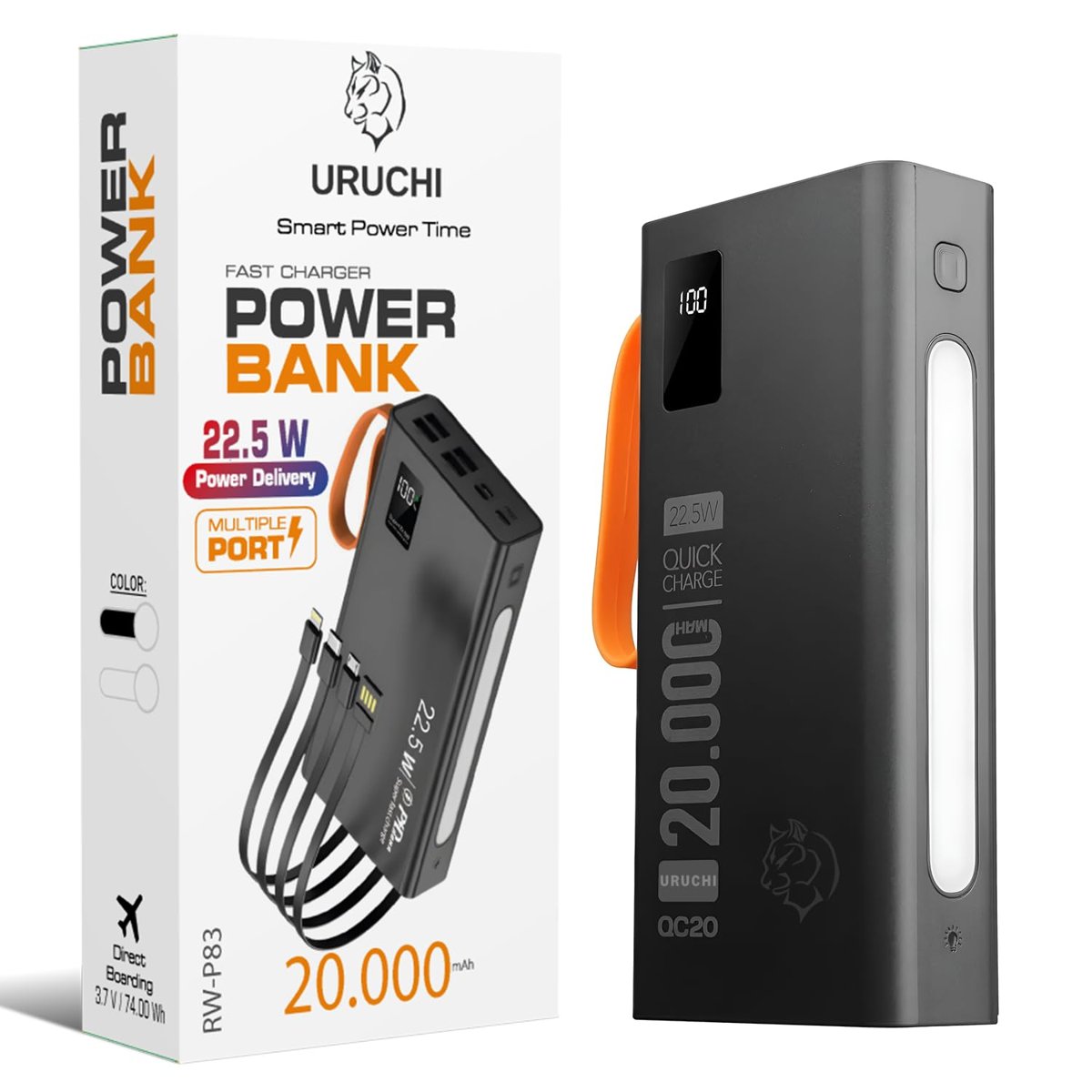 URUCHI 22.5W PD 3.0 Kablolu Powerbank, Gerçek 20.000 mAh Taşınabilir Şarj Cihazı, Dahili Type-C, Lightning ve Micro USB Kablolu, LED Ekranlı, Hızlı Şarj, iPhone 16/15 ve Android Uyumlu, Siyah