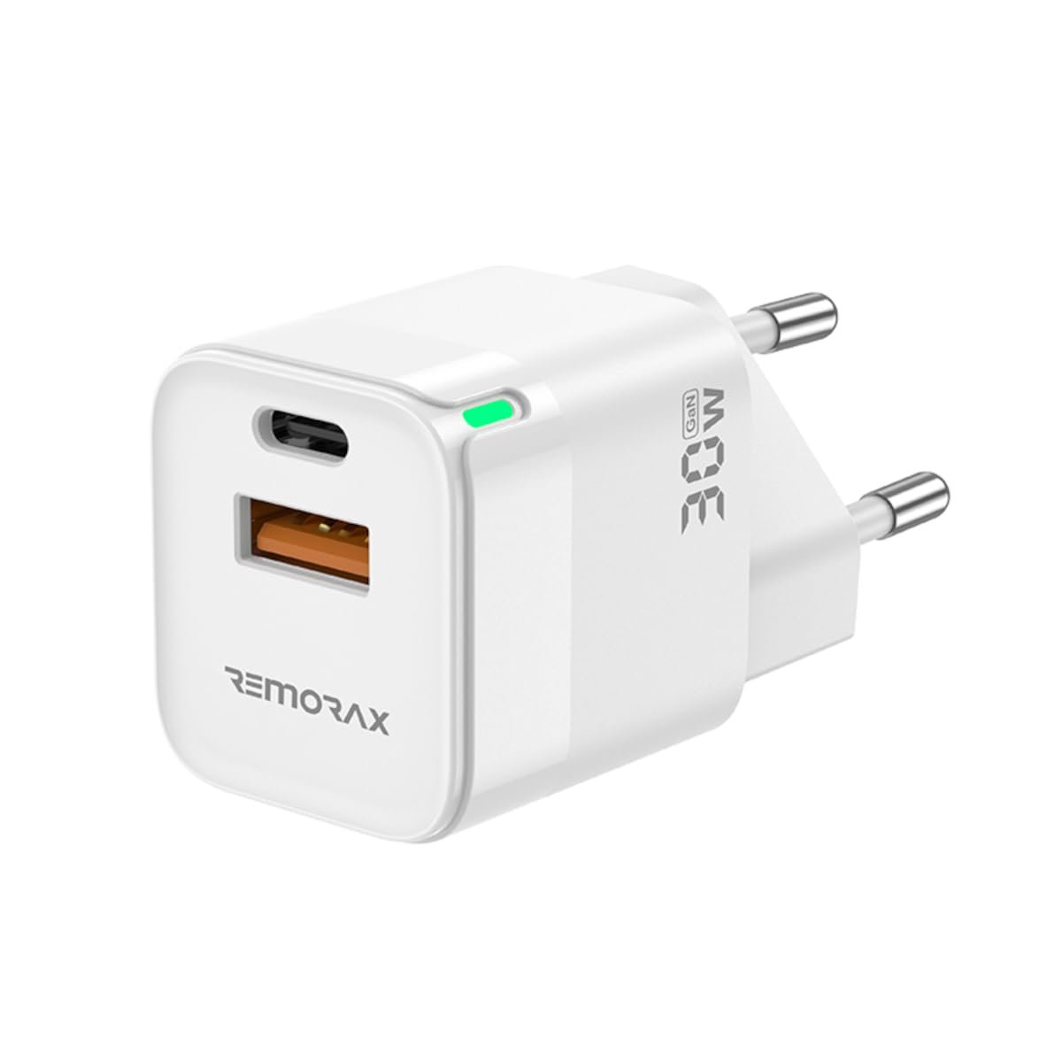 REMORAX Qbic PD 30Watt GaN Hızlı Şarj Aleti, A + C Girişli, Beyaz, Dual Port, USB A ve Type C