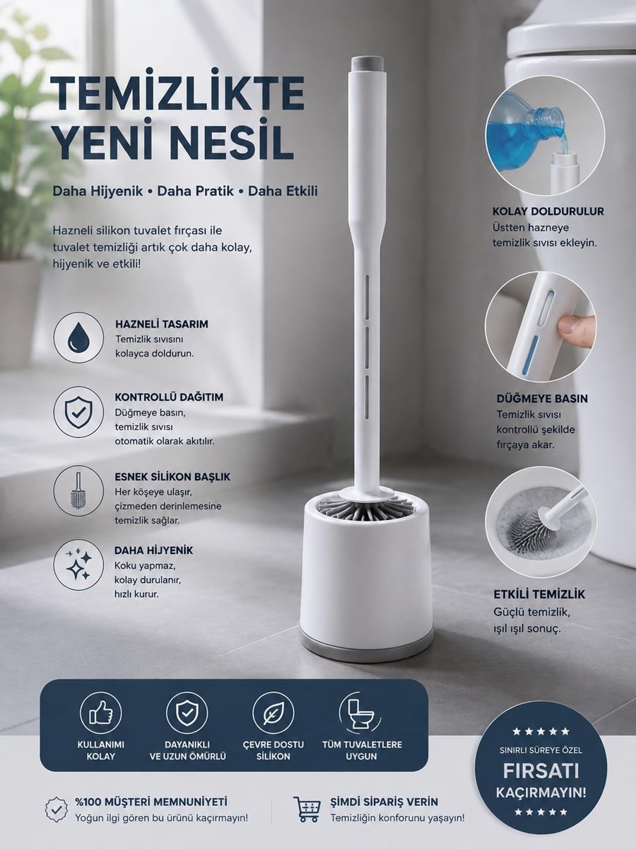 Busstier Hazneli Silikon WC Fırçası, Klozet Temizliği İçin Esnek Başlıklı Tuvalet Fırçası, Standlı Saklama Kabı