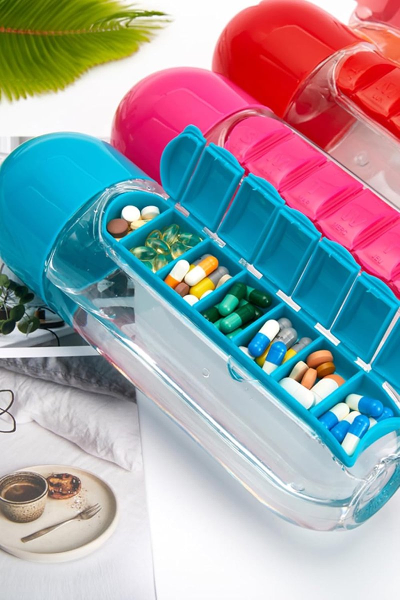 Mobee Pillbox 7 Bölmeli İlaç Kutulu Matara 600Ml İlaç Saklama Kutusu ve Suluk 1450