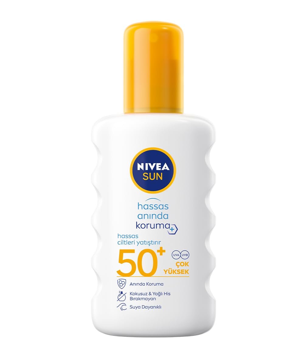 NIVEA SUN SPF50 Anında Güneş Koruyucu Sprey 200ml, Hassas Ciltler İçin Yatıştırıcı, UVA UVB Koruması