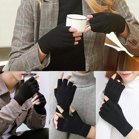 AEE® 2 Çift Yarım Parmak Eldiven – Örme Siyah Unisex Eldiven | Kesik Parmak Parmaksız Kışlık Erkek Kadın Eldiven