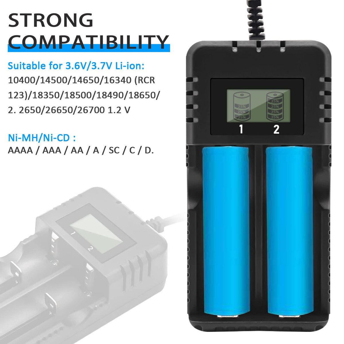 Gbformat Akü Şarj Cihazı LCD Ekran Lityum İyon Pil Şarj Cihazı Akıllı Hızlı Şarj 2 Yuvalı Kafa Çok Sayıda 3,7 V 26650/18650/14500/16340 Lityum İyon Piller ile Uyumlu (Small)