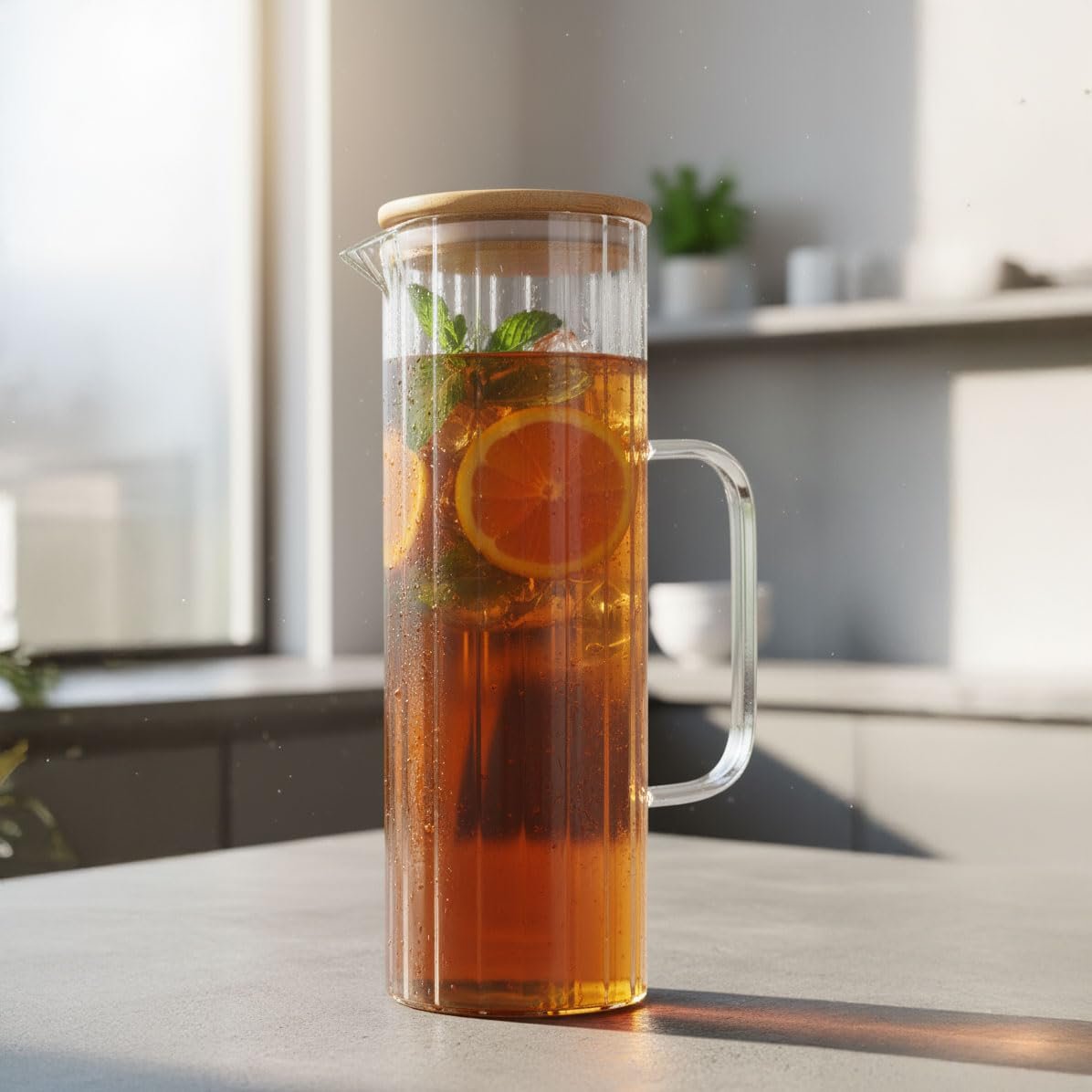 Deconox 1000ml Bambu Kapaklı Line Borosilikat Cam Yağlık  Sürahi – Şık, Dayanıklı ve Sağlıklı Saklama Çözümü (8cm x 20cm)