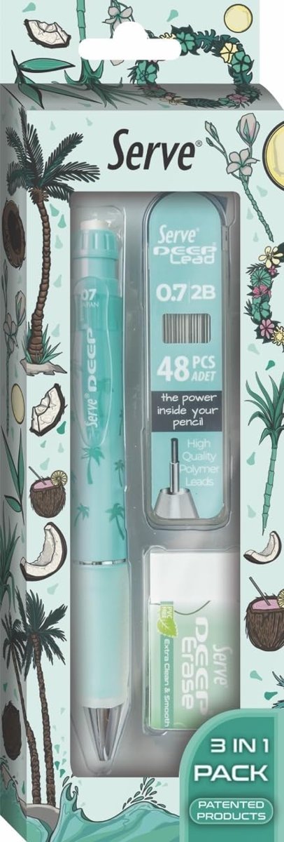 Serve Doğa Desenli Deep Kalem, Deep Silgi ve Deep Min, 0.7 mm, Nane Yeşili