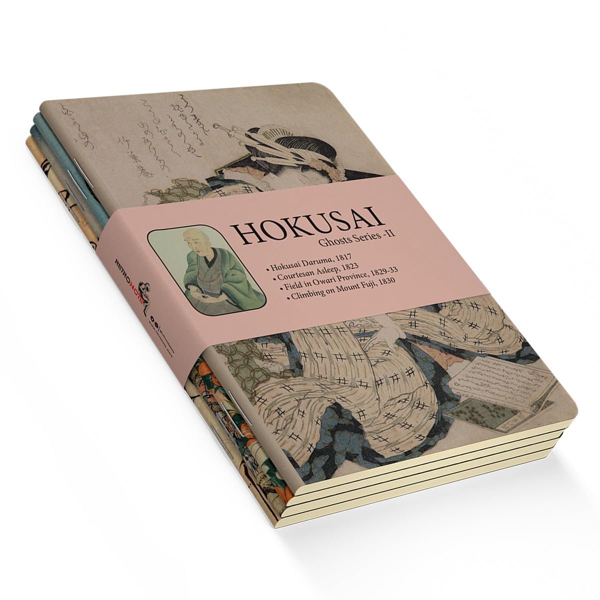 Retronote Ghosts Series II - A5, Hokusai 4'lü Defter Seti II, Çizgisiz, Toplam 256 Sayfa, Her biri 64 Sayfa, Tel Dikiş, Esnek Kapak, Oval Kenar, Tuval Doku, 60 gram, Sarı Krem Renk, çok renkli