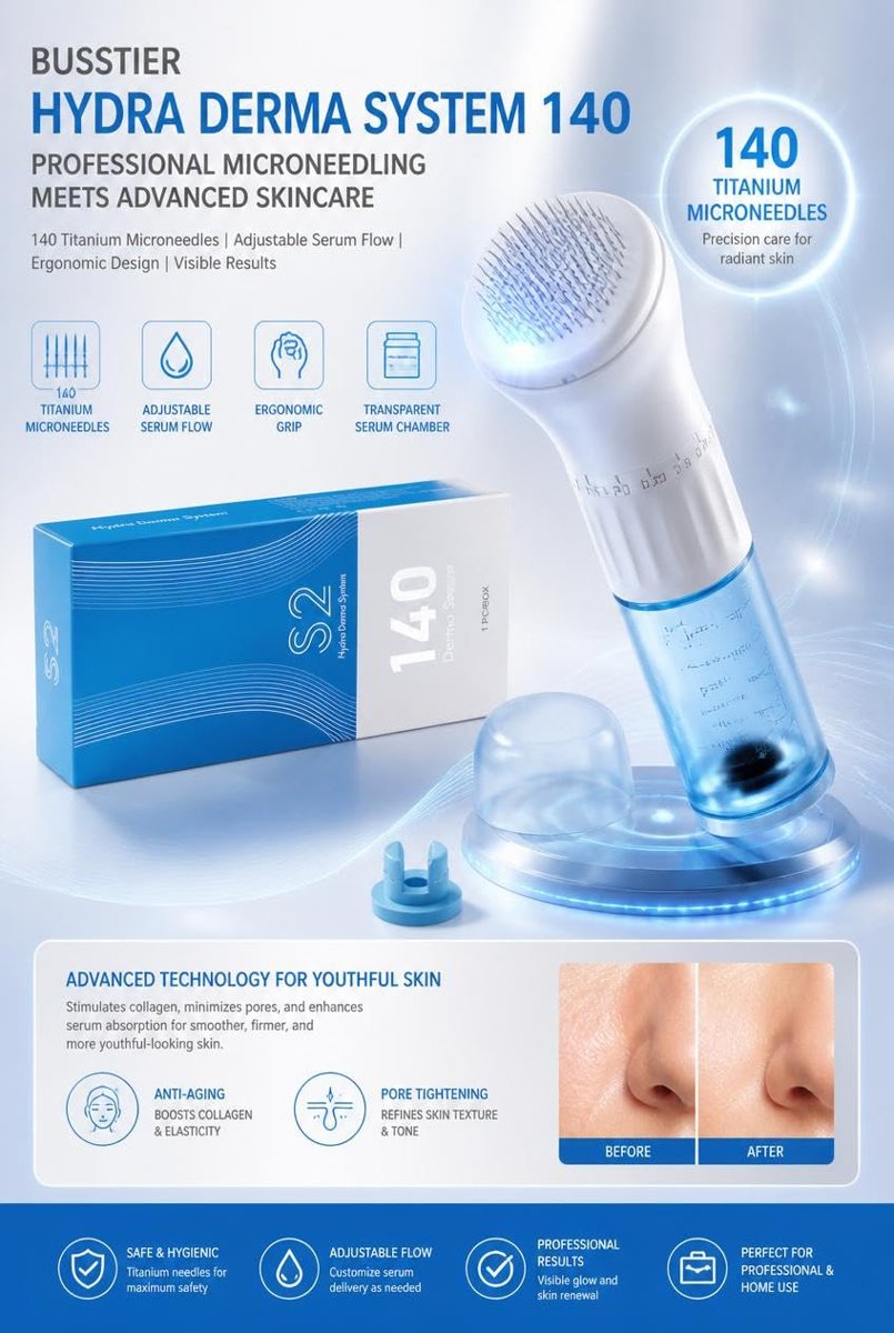 Busstier Hydra Derma System 140 Microneedling Serum Applicator 140 İğneli Hydra Needle Cilt Bakım Kalemi Anti Aging Gözenek Sıkılaştırıcı Serum Uygulama Cihazı
