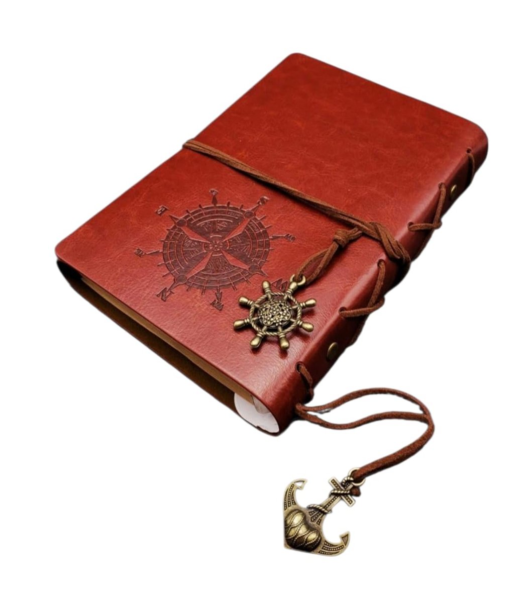Senon Retro Vintage Pusula Baskılı Çapa Ve Dümen Kolye Uçlu Deri Kapaklı Günlük Not Defteri Denizci Defter Özel Tasarım Hediyelik Kahverengi