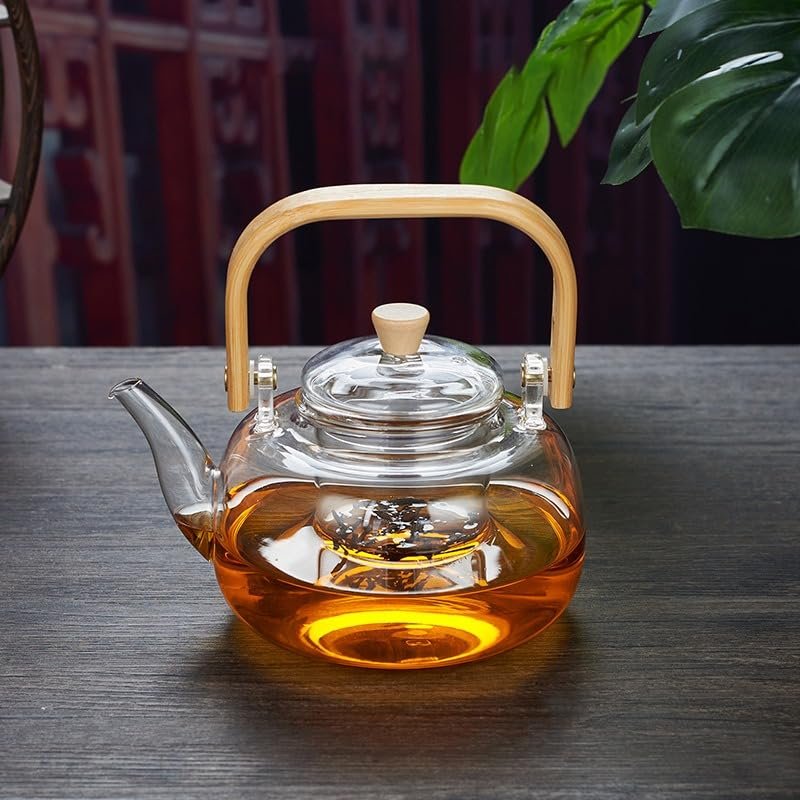 Deconox Bambu Saplı Isıya Dayanıklı Borosilikat Cam Süzgeçli Demlik 1000ml, Isıya Dayanıklı Cam Bitk