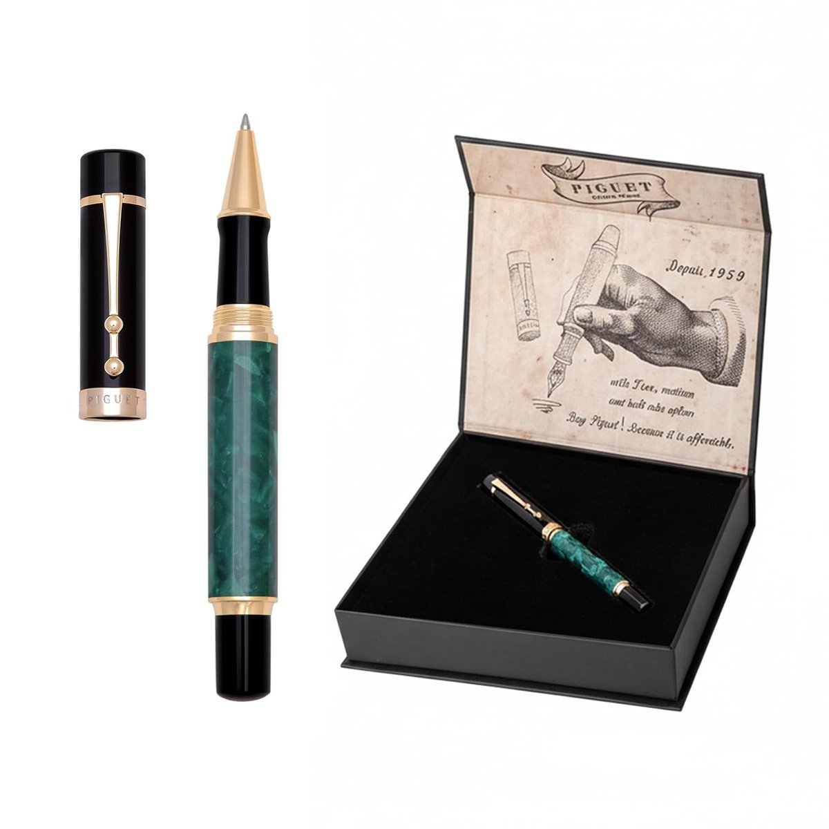 Piguet Genève – Lüks ve Ergonomik Dolma Kalem & Tükenmez Kalem –Taurus Serisi– Alman M Uç, Altın Kaplama – Evrensel Refill ve Kartuş, Doldurulabilir Pompa, Hediye Kutulu (Tükenmez Kalem, Marble Vert)