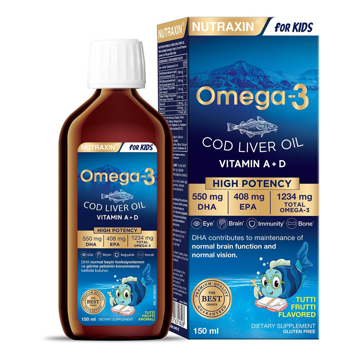 Nutraxin Omega-3 for Kids 150 ml – Çocuklar İçin Balık Yağı Şurubu, DHA ve EPA, Portakal Aromalı