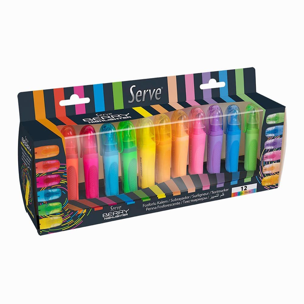 Serve Berry Fosforlu Kalem, 12 Renkli Set