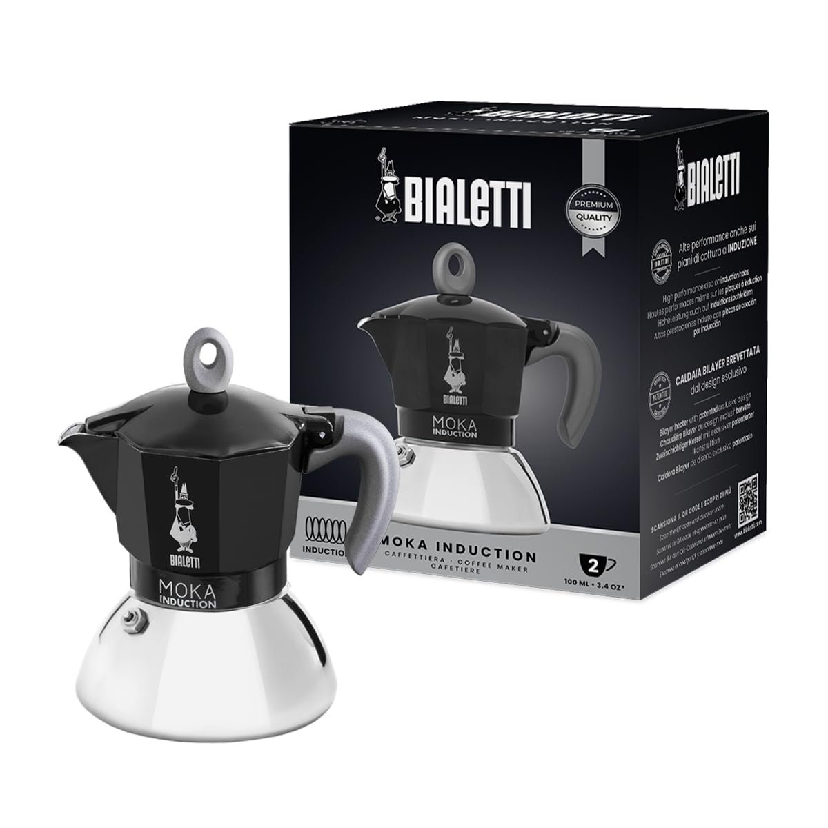 Bialetti - Moka İndüksiyon Siyah: 2 Cups Ocak Üstü Espresso Pişirici - 100ml - Alt Hazne: Dış Paslanmaz Çelik İç Alüminyum - Patentli Güvenlik Valfi - İndüksiyon Ocak Türleri İçin Uygundur